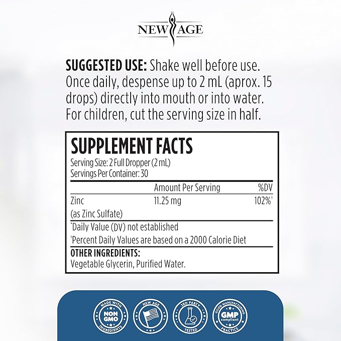 Liquid Zinc Drops for All Ages by NEW AGE - Zinc Sulfate for Immune Support Vegan Non-GMO &amp Gluten Free 60 Day Supply 2-Pack