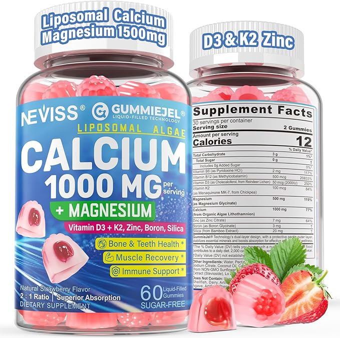 Calcium Supplements for Women Men - Liposomal Calcium 1000mg With Vitamin D3 K2 Magnesium Glycinate Zinc Boron Silica for Bone Health - Sugar Free Calcium Magnesium Zinc Gummies Vegan 60 Count