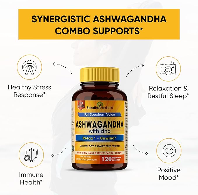 Sandhu Herbals Zinc 30mg Supplement and Organic 4 in 1 Ashwagandha Capsules with Zinc| Supports Healthy Skin Immune System| Non-GMO