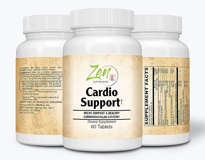 Zen Supplements - Cardio Support Plus Antioxidants L-Carnitine L-Taurine with Coenzyme Q10 Hawthorn Horsechestnut Cayenne Grape Seed and Vitamin E Promotes a Healthy Heart 60-Tabs