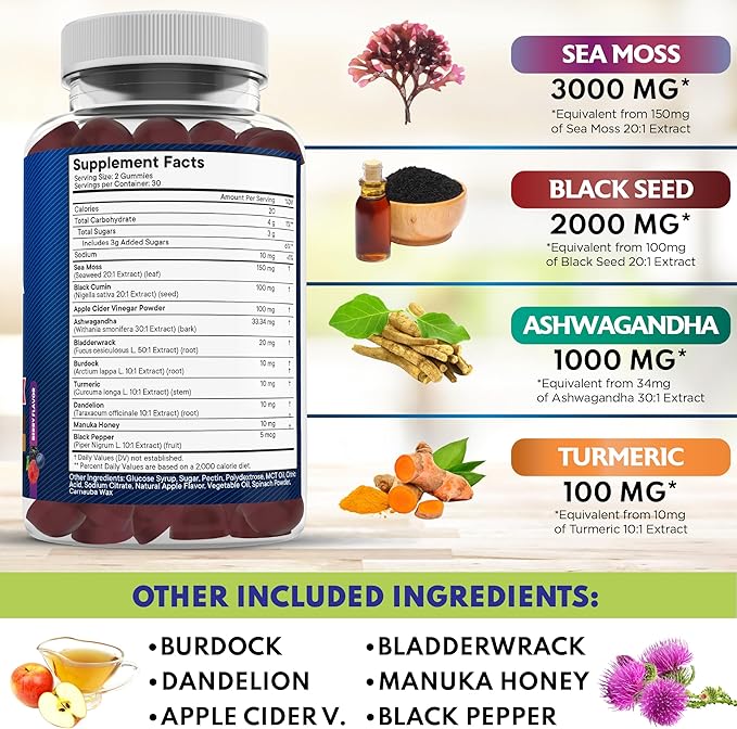 Sea Moss Gummies Sea Moss Black Seed Ashwagandha Turmeric Manuka Honey ACV Dandelion Black Pepper Burdock Bladderwrack Vegan - 120 Count