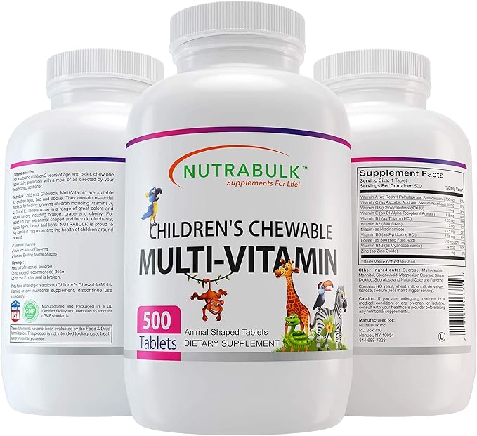 NutraBulk Children’s Chewable Multi-Vitamins - Promoting Kids' Overall Development - USA-Made May Help to Support Immune Bone Brain &amp Overall Well Being- Vegan &amp Gluten Free - 500 Cherry Ta