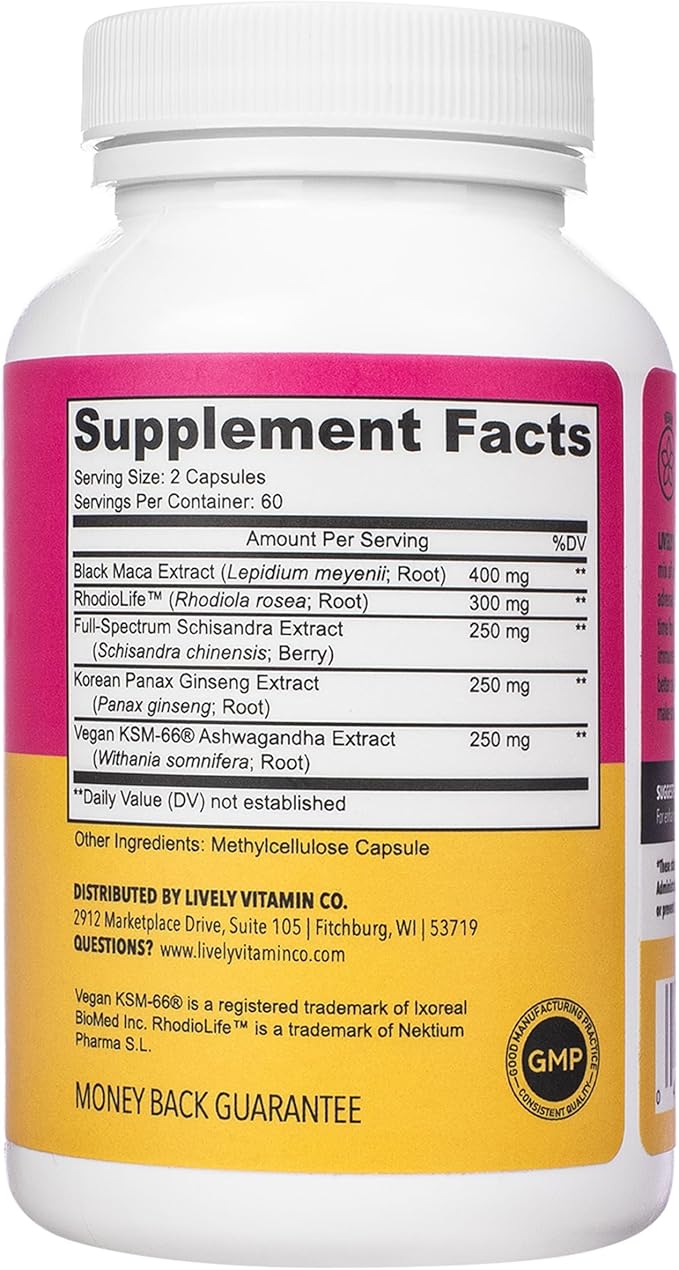 LIVELY VITAMIN CO. Adrenal Boost - Immune - Stress - Anxious - Memory - Focus - Nervousness - Rest - Sleep - Ashwagandha - Black Maca - Rhodiola - Ginseng - 120 Vegetarian Capsules