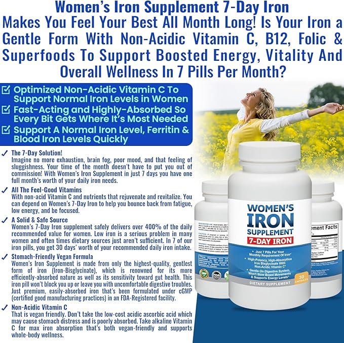 Women’s Iron Supplement Pills for Women Bis-Glycinate 80mg 7 Iron Pills for 30 Days’ Worth of No Stomach Binding Vegan Alkaline VIT C Iron Pill for Women 30 Capsules 3-Pack