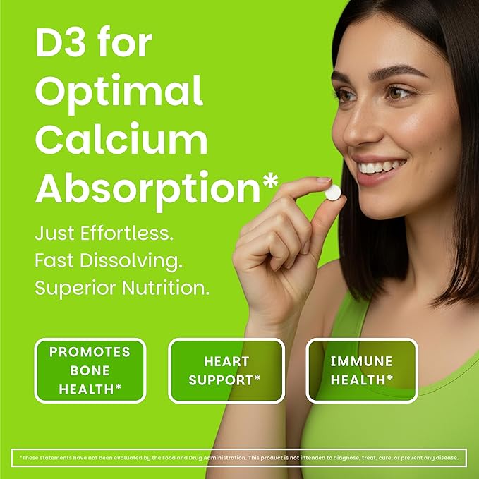 EZ Melts Dissolvable Vitamin D3 5000 IU - Vegan Vitamin D Supplement for Bone &amp Teeth Support - No Artificial Flavors - Plant-Based &amp Non-GMO - Green Apple - 180 Dissolvable Tablets (180 Serv