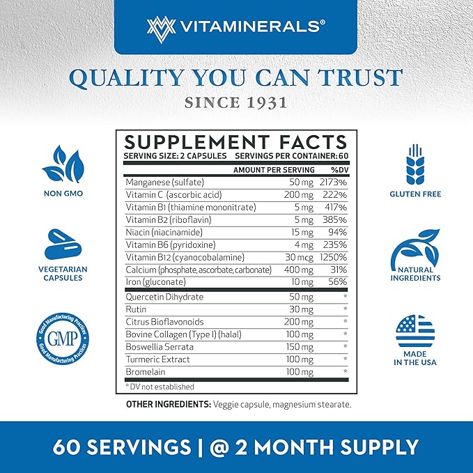 Vitaminerals® 18 Ligatex Plus | Ligament &amp Tendon Support* | Collagen I (Halal) | Turmeric | Manganese | 120 Veggie Caps