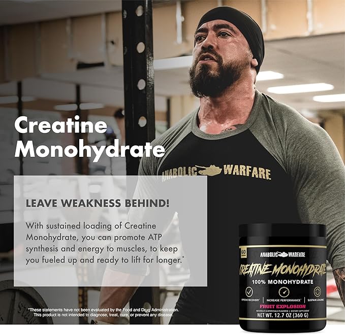 Anabolic Warfare Creatine Monohydrate Post Workout Recovery Increase Performance Sustain Loading Premium Creatine* (Fruit Explosion - 60 Servings)