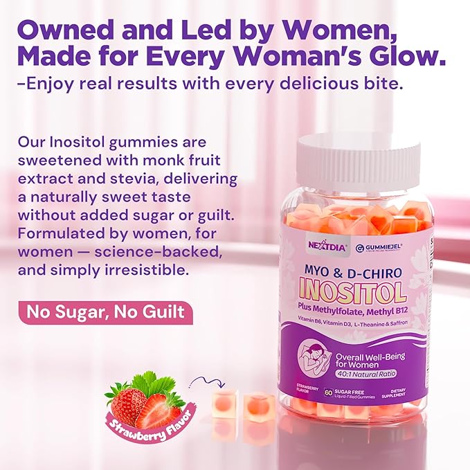 Myo-Inositol &amp D-Chiro Inositol Gummies + MTHF Folate Methyl B12 Vitamin B6 &amp D3 Inositol Supplement for Women for Ovarian Hormone Balance PMS Sleep Mood &amp Energy 40:1 Ratio Sugar