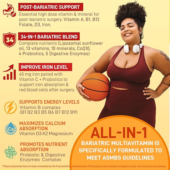 Liposomal Methylated Bariatric Multivitamin Gummies with Iron for Women &amp Men High Absorption Multivitamin w/CoQ 10 Probiotic Digestive Enzymes Support Gastric Bypass &amp Sleeve Recover Ener