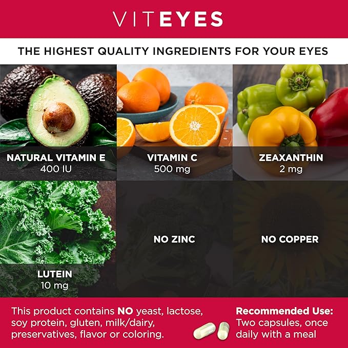 Viteyes AREDS 2 Zinc Free Macular Support Natural Allergen Free Capsules with Vitamin E Vitamin C Lutein &amp Zeaxanthin No Zinc No Copper Eye Doctor Trusted Manufactured in The USA 180 Ct