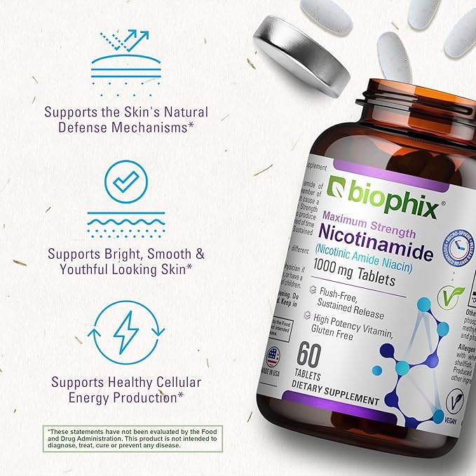 biophix B-3 Nicotinamide 1000 mg 60 Tablets Extra Strength Timed Release - Nicotinic Amide Niacin Natural Flush-Free Vitamin Formula - Supports Skin Cell Health