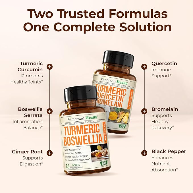 Boswellia Turmeric Curcumin Supplement + Quercetin with Bromelain Bundle – Allergy Relief Joint Health &amp Immune Support – with Ginger Root Organic Turmeric Powder Black Pepper (Bioperine)