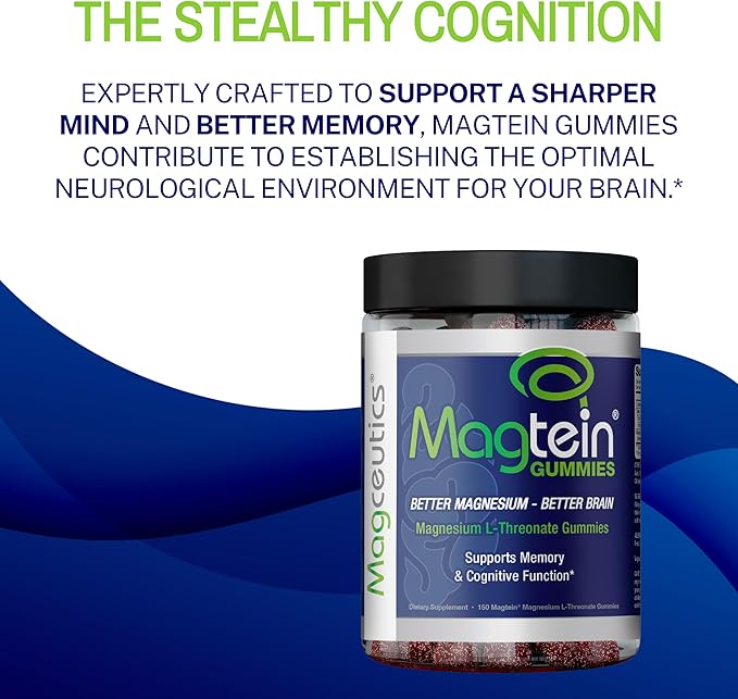 Magtein Gummies - Magnesium L-Threonate Gummy Brain Support Focus Supplement Boost Memory &amp Cognitive Function - 150 Vegan Gummies