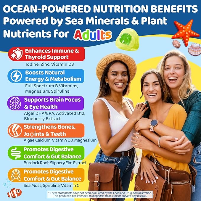 Sea Moss + Elderberry Gummies for Kids &amp Adults 19-IN-1 Super Food with Spirulina Algae Omega 3 Algae Calcium Ashwagandha Mushroom Vitamins D3 C for Immune Gut Bone Energy BrainVegan 6