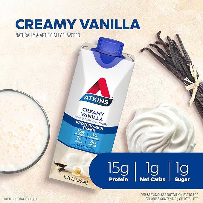 Atkins Creamy Vanilla Protein Shake 15g Protein 12 Count and Caramel Nut Chew Bar Dessert Favorite 5 Count Bundle