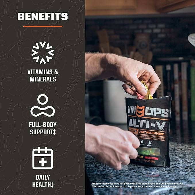 MTN OPS Multi‑V STM On‑The‑Go Daily Multivitamin for Men Women &amp Kids – Straight‑to‑Mouth Vitamin C D3 B Zinc Packs – Gluten Free Natural Flavors 30 Servings