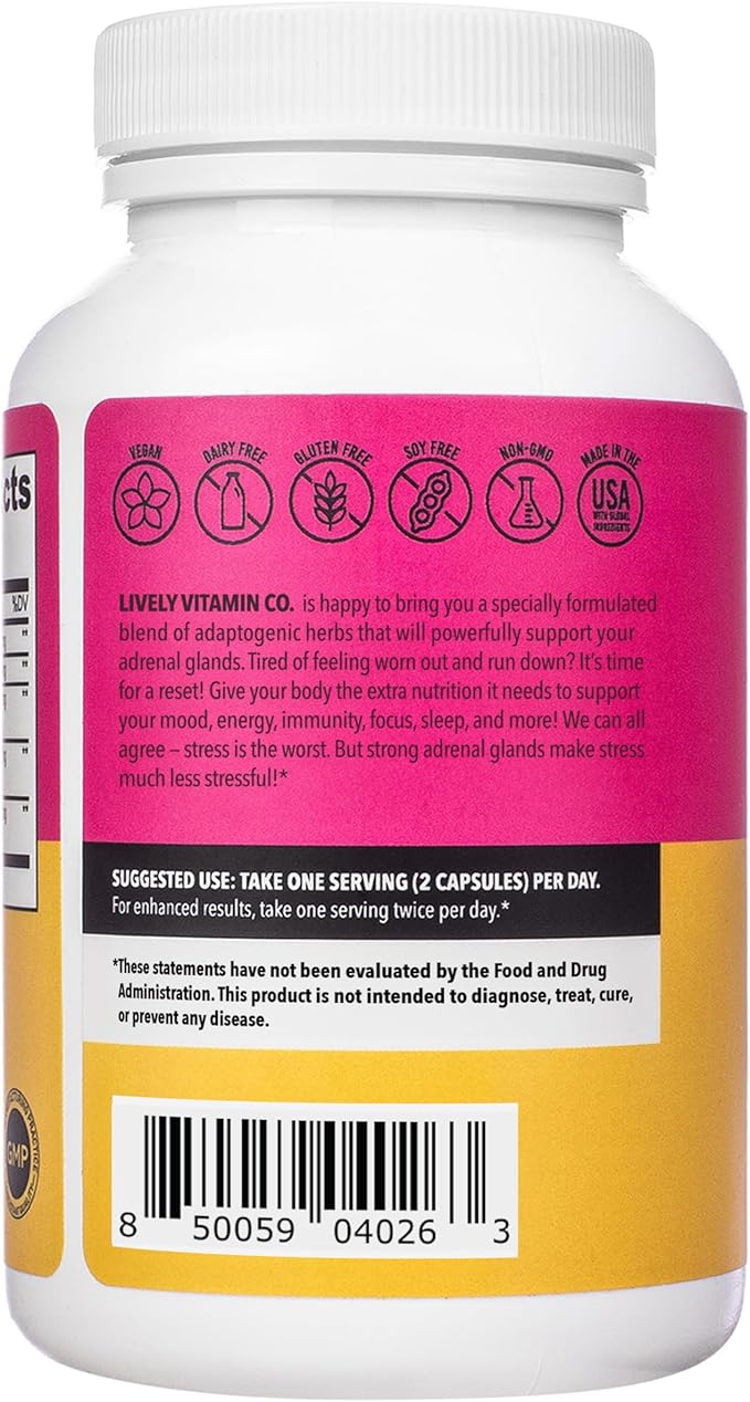 LIVELY VITAMIN CO. Adrenal Boost - Immune - Stress - Anxious - Memory - Focus - Nervousness - Rest - Sleep - Ashwagandha - Black Maca - Rhodiola - Ginseng - 120 Vegetarian Capsules