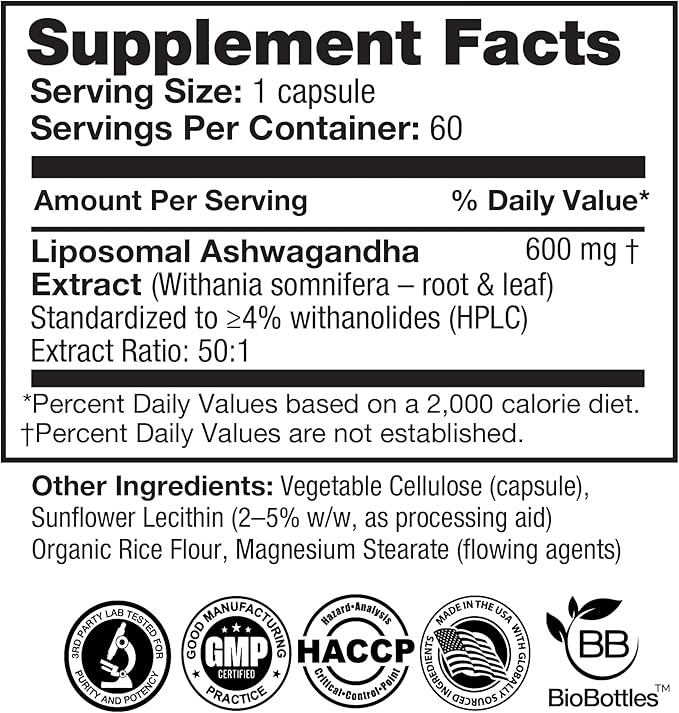 Feelgood Company Liposomal Ashwagandha High Absorption 600mg 60 Vegan Capsules Natural Withania Somnifera Root Extract GMP Certified Dietary Supplement
