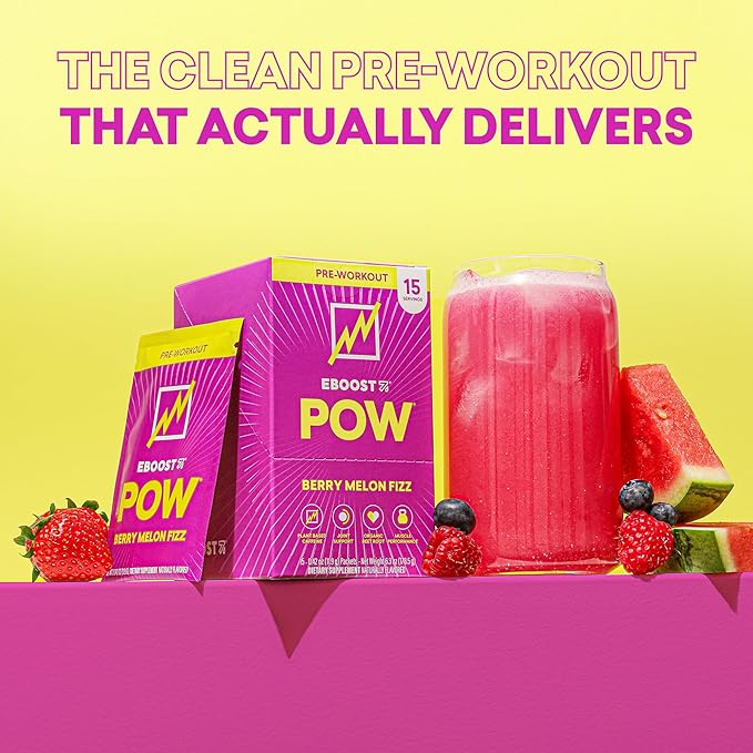EBOOST POW Natural Pre Workout Powder - 15 Packets Berry Melon Fizz - Preworkout Energy Booster Gym Supplement Drink Mix for Men and Women - Performance Joint Mobility Support - Gluten-Free