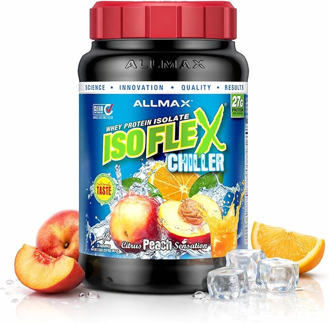 ALLMAX ISOFLEX Chiller Pure Whey Isolate Protein Powder – Gluten Free Low Lactose Sugar-Free – High-Protein Clean Keto-Friendly Workout Supplement Women and Men | Citrus Peach Sensation 2lb