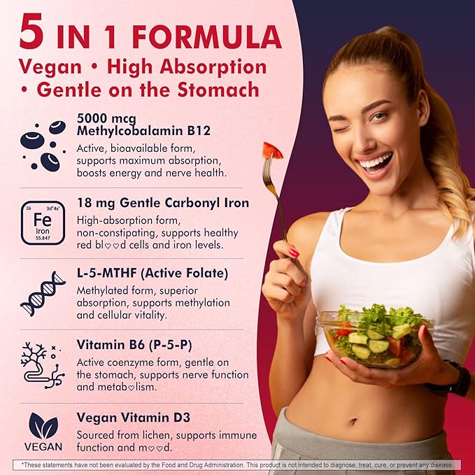 Methyl B12 Vitamins 5000mcg Gummies &amp Iron 18mg for Women Men - Active Methylted B Complex Supplement w/L-Methylfolate B6 D3 for Energy Cognition Focus Immune - B12 with Iron Supplement 2Pa