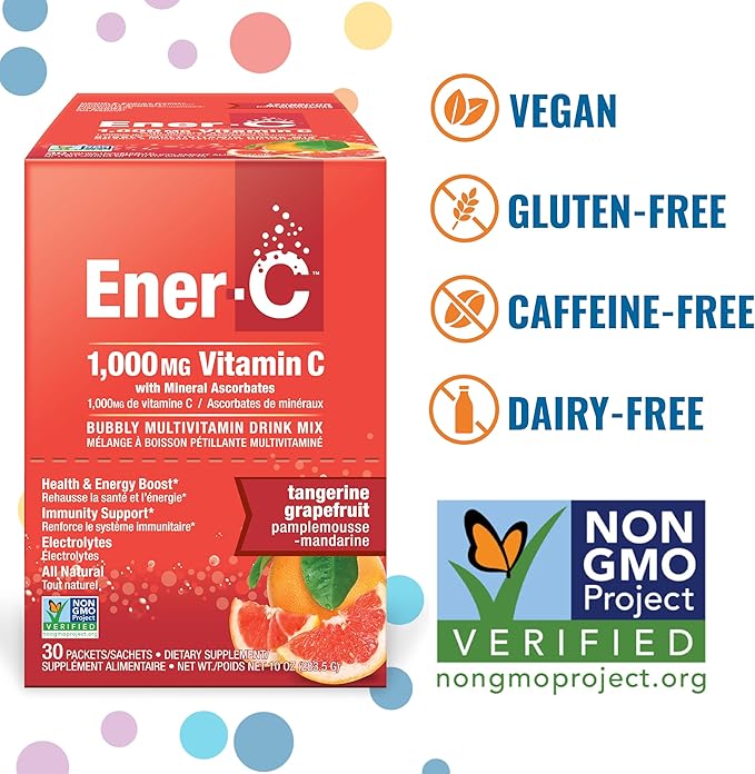 Ener-C Tangerine &amp Grapefruit Multivitamin Drink Mix 1000mg Vitamin C Non-GMO Vegan Real Fruit Juice Powders Natural Immunity Support Electrolytes Gluten Free 2-Packs of 30 (60 Count)