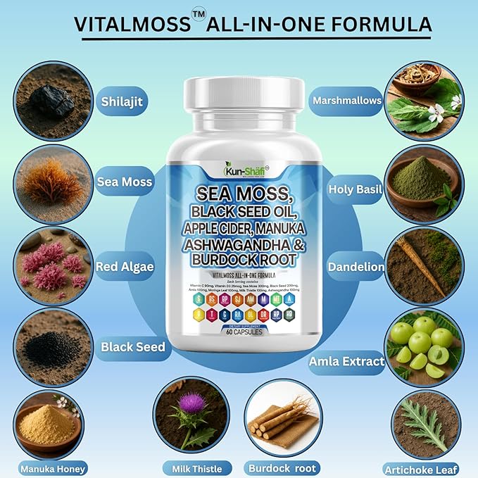 Sea Moss Complex with Black Seed Oil Ashwagandha Burdock Root Shilajit Amla Moringa Turmeric Manuka Ginger Vitamin C Vitamin D3 120 Count (Pack of 2)