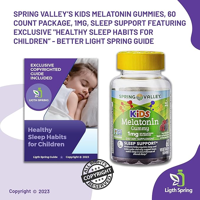 Vegetarian Melatonin Gummies for Kids Sleep Support 60 (2 Pack) Bundle with Exclusive Healthy Sleep Habits for Children - Better Light&ampSpring Guide (3 Items)