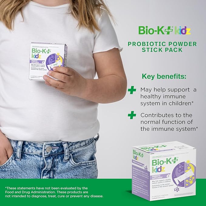 Bio-K+ Kidz Probiotic Powder for Kids with Vitamin D3 Shelf-Stable Non-GMO Gluten-Free – 28 Single-Serve Packets