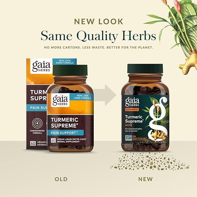Gaia Herbs Turmeric Supreme Ache- Helps Provide Relief of Occasional Aches - with Turmeric Curcumin Black Pepper Devil’s Claw Ginger Feverfew &amp More - 120 Liquid Phyto-Capsules(60-Day Supply)