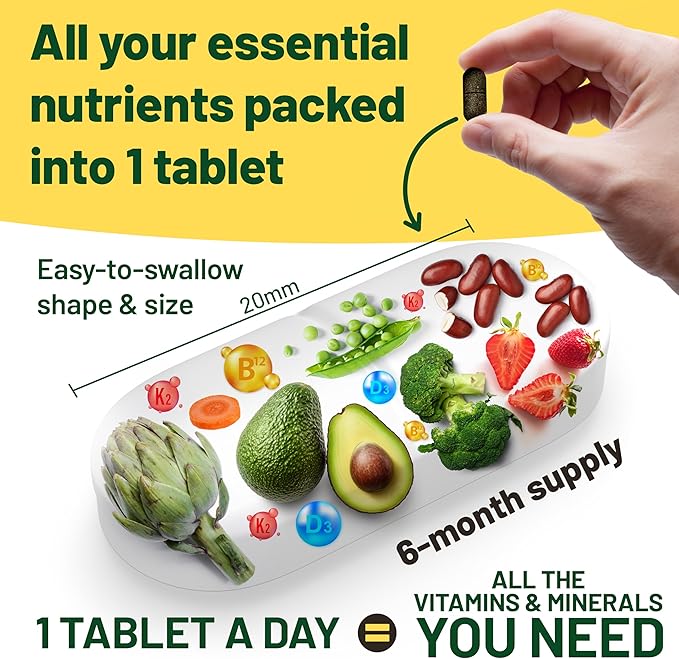 Vegan Vitality Multivitamins &amp Minerals for Women and Men with High Strength Vitamin B12 D3 &amp K2. 180 Vegan Multivitamin Tablets - 6 Months Supply. Vitamins for Vegans. Women Multivitamin