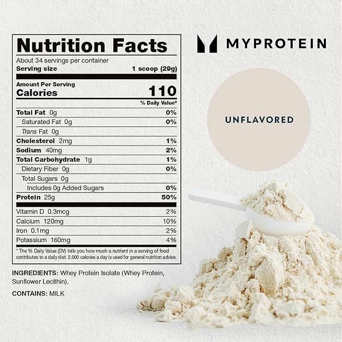 Myprotein Impact Whey Protein Isolate 2.2 Lbs (40 Servings) Unflavored 22g Protein 3.5g Glutamine &amp 4.5g BCAA Per Serving Shake for Muscle Strength &amp Recovery