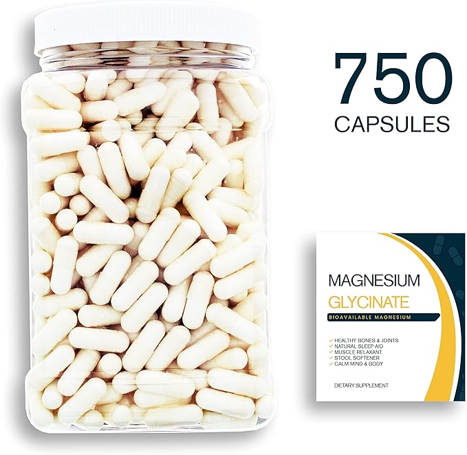 Magnesium Glycinate - 750CT 400 mg Pure Mg2+ per Serving complexed with Glycine for Maximal Absorption in a Clear Square Grip Jar