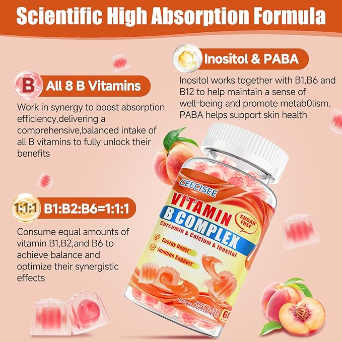 Natural Methylated Vitamins B Gummies: Chewable Supplement Complex with B1 B2 B3 B5 B6 B7 B9 B12 Zinc Magnesium Ashwagandha for Daily Energy Support - for Vegan Work Adults(60Count)