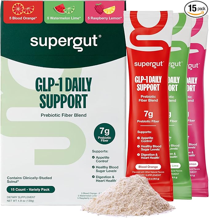 Supergut GLP1 Daily Support Variety Pack - High Fiber GLP-1 Supplement Powder for Women &amp Men - Sugar-Free Drink Mix for Gut Health &amp Digestive Support (15 Servings)