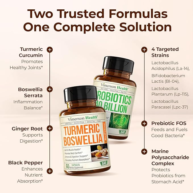 Boswellia Turmeric Curcumin Supplement + 40 Billion CFU Probiotics for Women &amp Men with Prebiotics Bundle for Joint &amp Immune Support Digestive &amp Gut Health – with Ginger Root Organic Tur