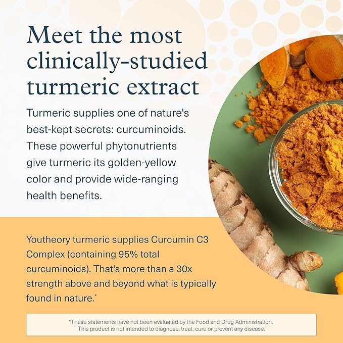 Youtheory Turmeric - 450 mg - with Black Pepper &amp Olive Leaf - Supports Joint &amp Brain Health* - Contains Bioenhancers Curcuminoids &amp Herbal Extracts - 90 Tablets (30 Day Supply)