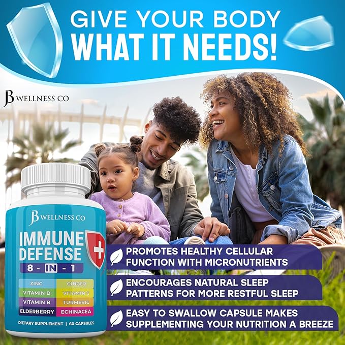 Immune Support 8 in 1 Capsules - Zinc Supplement Vitamin D3 Vitamin C and Elderberry - Immune Booster Supplement with Echinacea Ginger Root and Turmeric