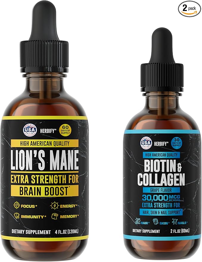 HERBIFY Bundle - Lions Mane Drops &amp Biotin and Collagen - Brain Hair Skin &amp Nails Support