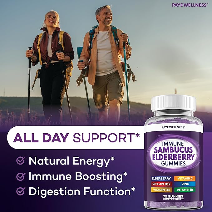 PAYÉ Elderberry Gummies Immune Support Daily Support for Kids and Adults* with Sambucus Elderberry Zinc Vitamin C D3 B6 B12 Plus - Dietary Supplement - 210 Count