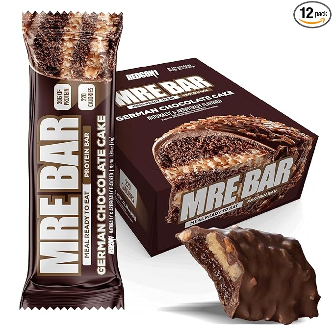 REDCON1 MRE German Chocolate Cake Protein Bars - 12 Count Snack Bars for Breakfast or Post-Workout