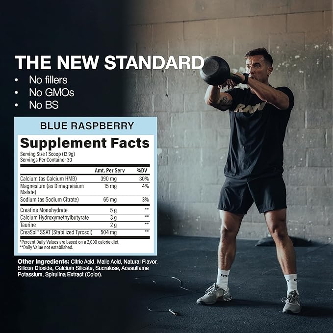 RAW Creatine Plus Creatine HMB Powder for Men &amp Women - Creatine Monohydrate Powder with HMB Taurine &amp No Added Sugar - Muscle Mass Growth Strength Building &amp Enhanced Energy - Blue Ras