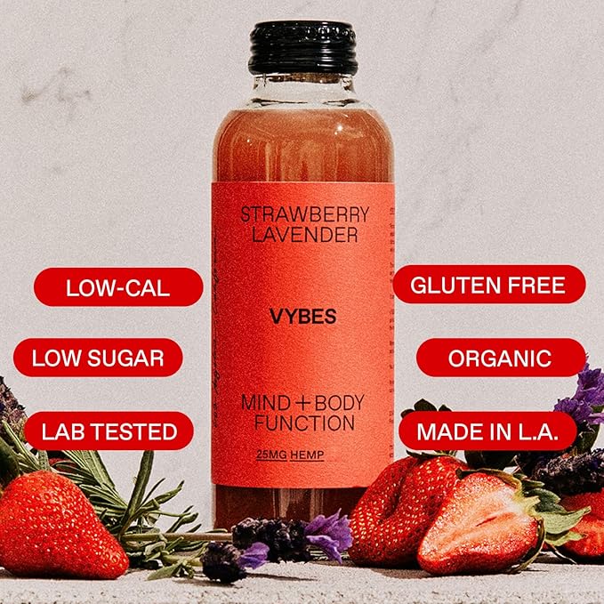 VYBES Strawberry Lavender Hemp Infused Mood Boosting Magnesium Supplement Drink | Functional Mind &amp Body Beverage | Certified Vegan &amp Organic | Bottled in California | 14 Ounces | Pack of 12