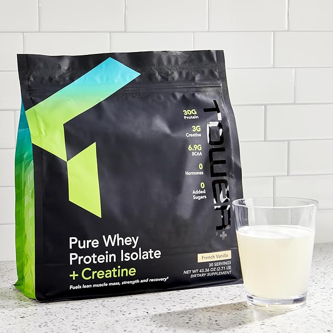 Tower+™ Pure Whey Protein Isolate Powder with Creatine - Muscle Recovery &amp Growth Support Formula 30g Protein per Serving BCAAs Gluten-Free 30 Servings