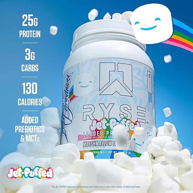 RYSE Loaded Protein Powder - Jet-Puffed Marshmallow - 25g Whey Protein Isolate &amp Concentrate with Prebiotic Fiber &amp MCTs - Low Carb Low Sugar Digestive-Friendly - 27 Servings / 2 lb Tub