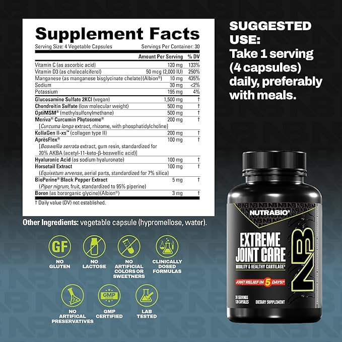 NutraBio Extreme Joint Care - Joint Support Supplement - Joint Health Supplement Supports Joints Mobility and Cartilage - 120 Capsules