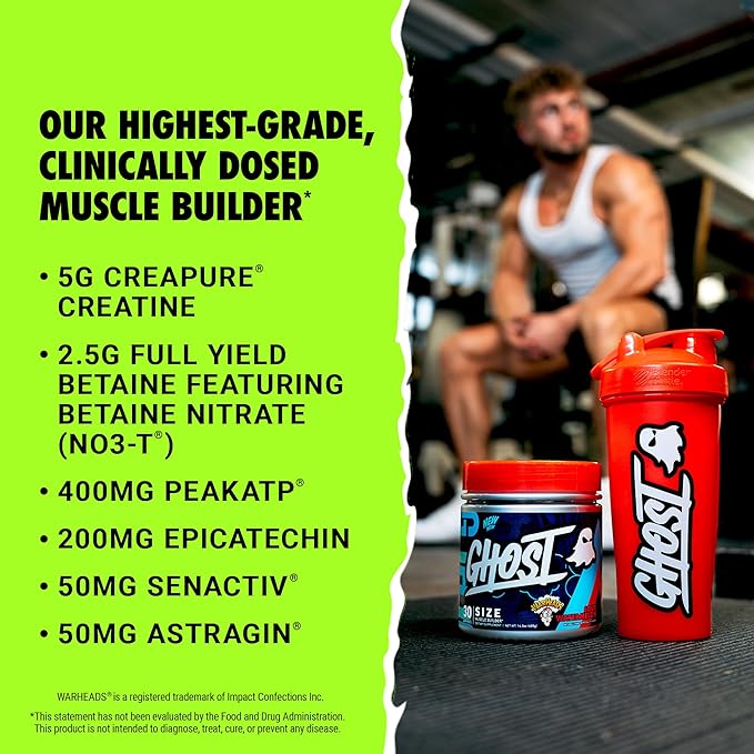GHOST Size Muscle Builder Dietary Supplement - Warheads Sour Watermelon 30 Servings – Support Muscle Growth &amp Strength Building for Men &amp Women - Creatine &amp Betaine - Free of Sugar &amp