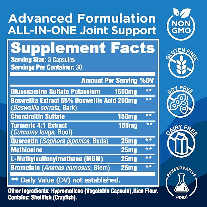 Glucosamine Chondroitin MSM with Turmeric 180 Capsules - Joint Supplements for Women &amp Men – with Boswellia Quercetin – Clear Joint Support Supplement for Flexibility Mobility Cartilage Repair