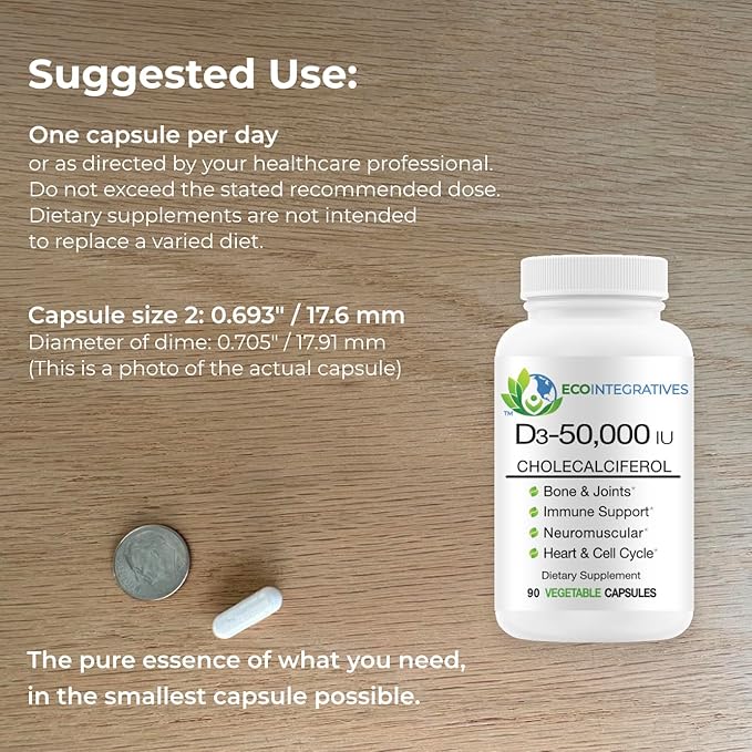 EcoIntegratives Vitamin D3-50000 IU Cholecalciferol Helps Maintain Healthy Bones &amp Teeth Bone Density Muscles Cardiovascular Neuromuscular Immune Support Non-GMO Allergy Free 90 Capsules