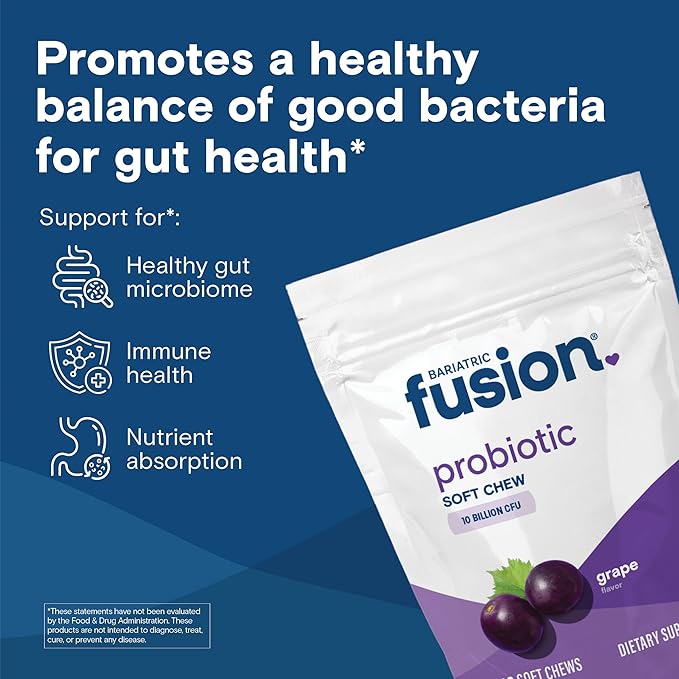 Bariatric Fusion Probiotic Soft Chews | Grape Flavor Chewy Bariatric Vitamin | 10 Billion CFU | Bacillus Coagulans | Support Digestive &amp Immune Health | 60 Count